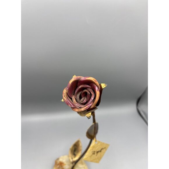 Vtg 70s DeMott Brass Copper Metal‎ Onyx Stone Rose Sculpture  Art Decor - Picture 2 of 7